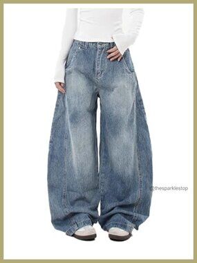 Womens Baggy Wide Leg Cotton Jeans Oversized Vintage Hip Hop Denim Pants